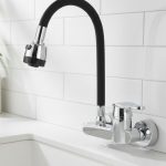 Siyah duvardan montaj 2 fonksiyonlu esnek oynar başlıklı mutfak bataryası ve musluğu