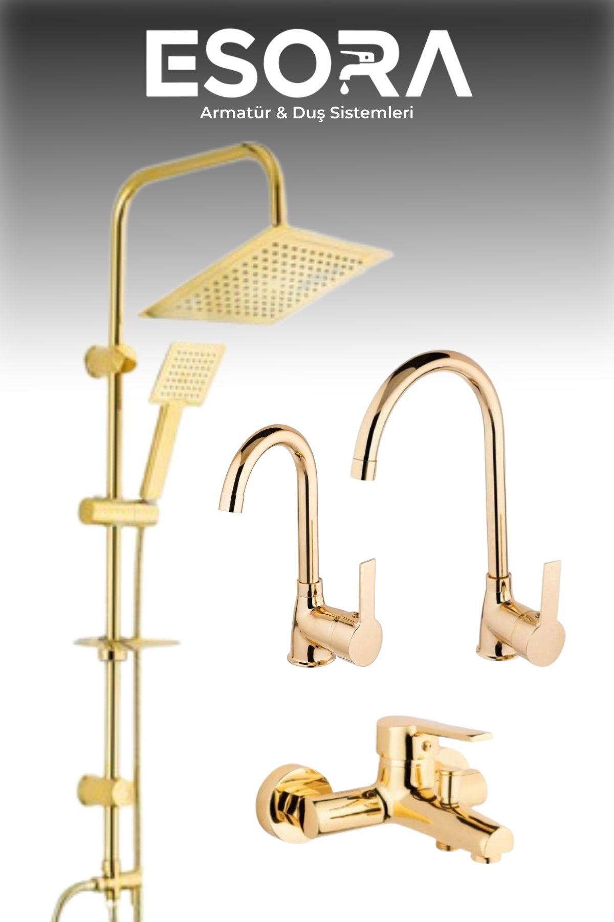 Gold Kare 4’lü Full Set: Robot Tepe Duş + Mutfak + Lavabo + Banyo Bataryası (Gold Kaplama)