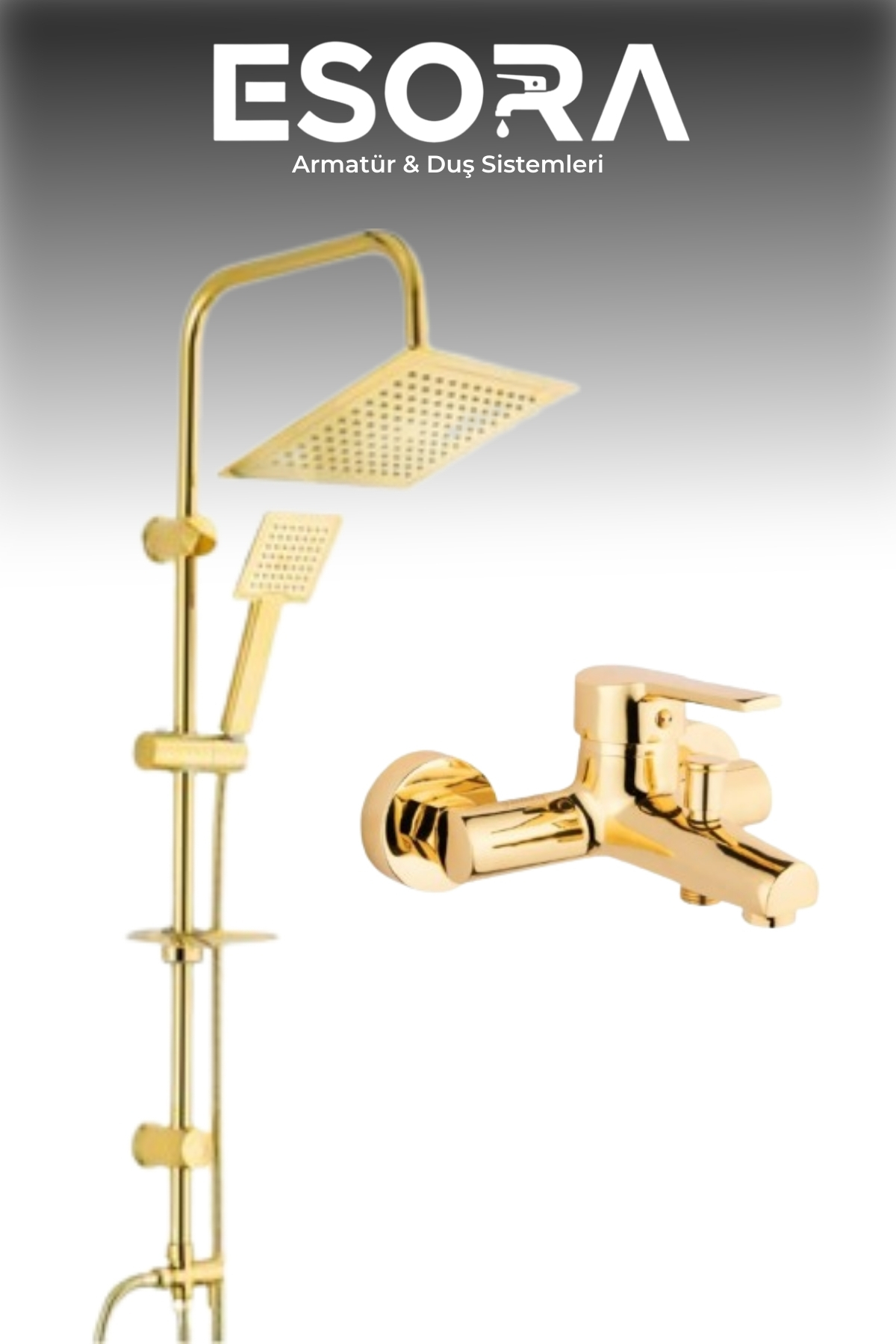 Kare Gold Robot Duş Seti ve Altın Renk Banyo Bataryası – 2'li Lüx Gold Tepe Yağmurlama Takımı