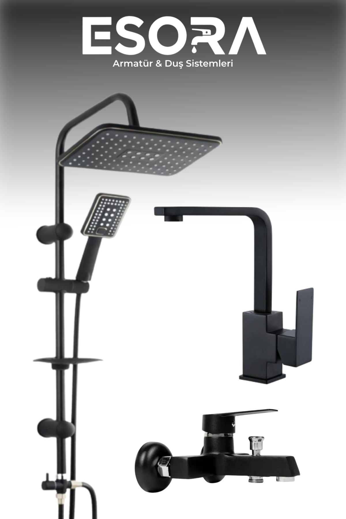 Lüks Mat Siyah Robot Duş Seti ve 3’lü Kare Banyo Lavabo Batarya Takımı