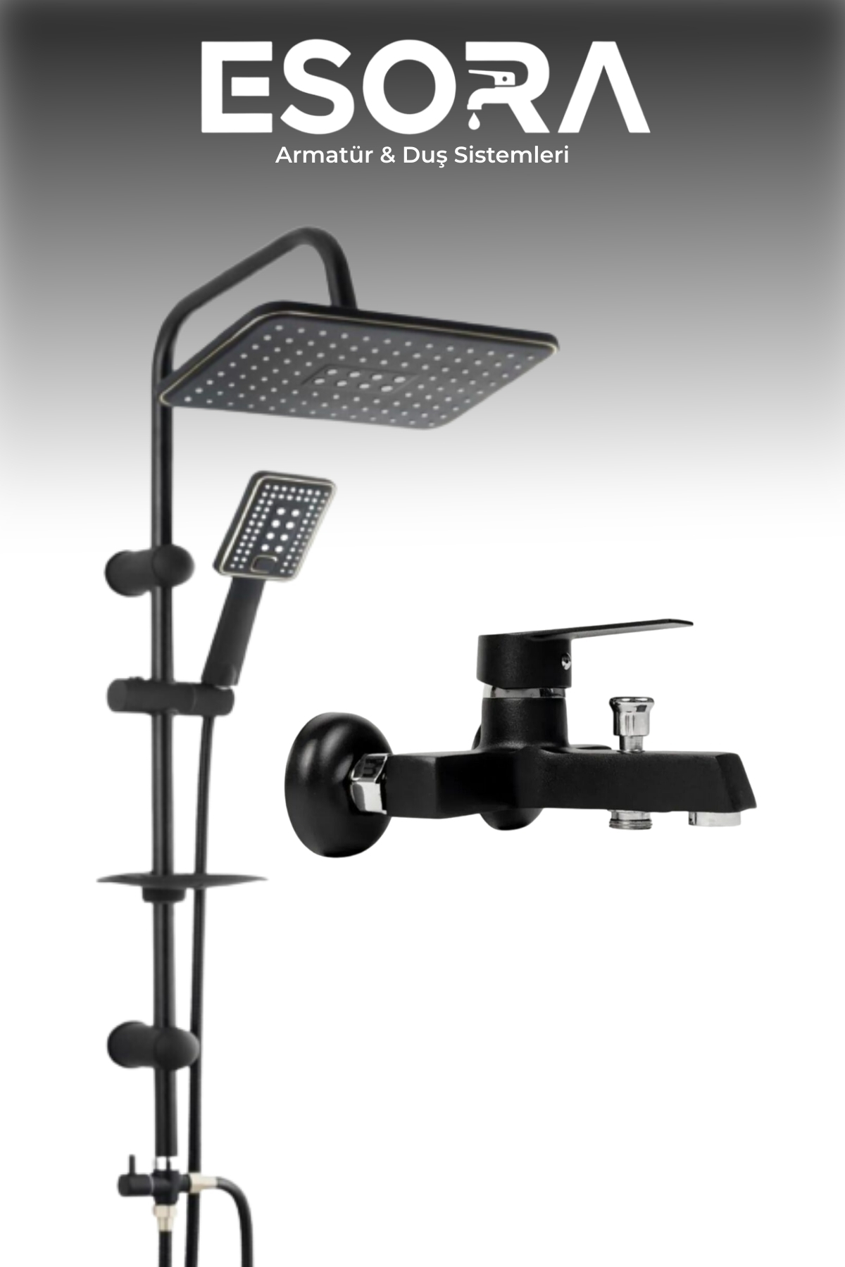Lüks Mat Siyah Dikdörtgen Robot Duş Seti ve Kare Banyo Bataryası 2’li Set