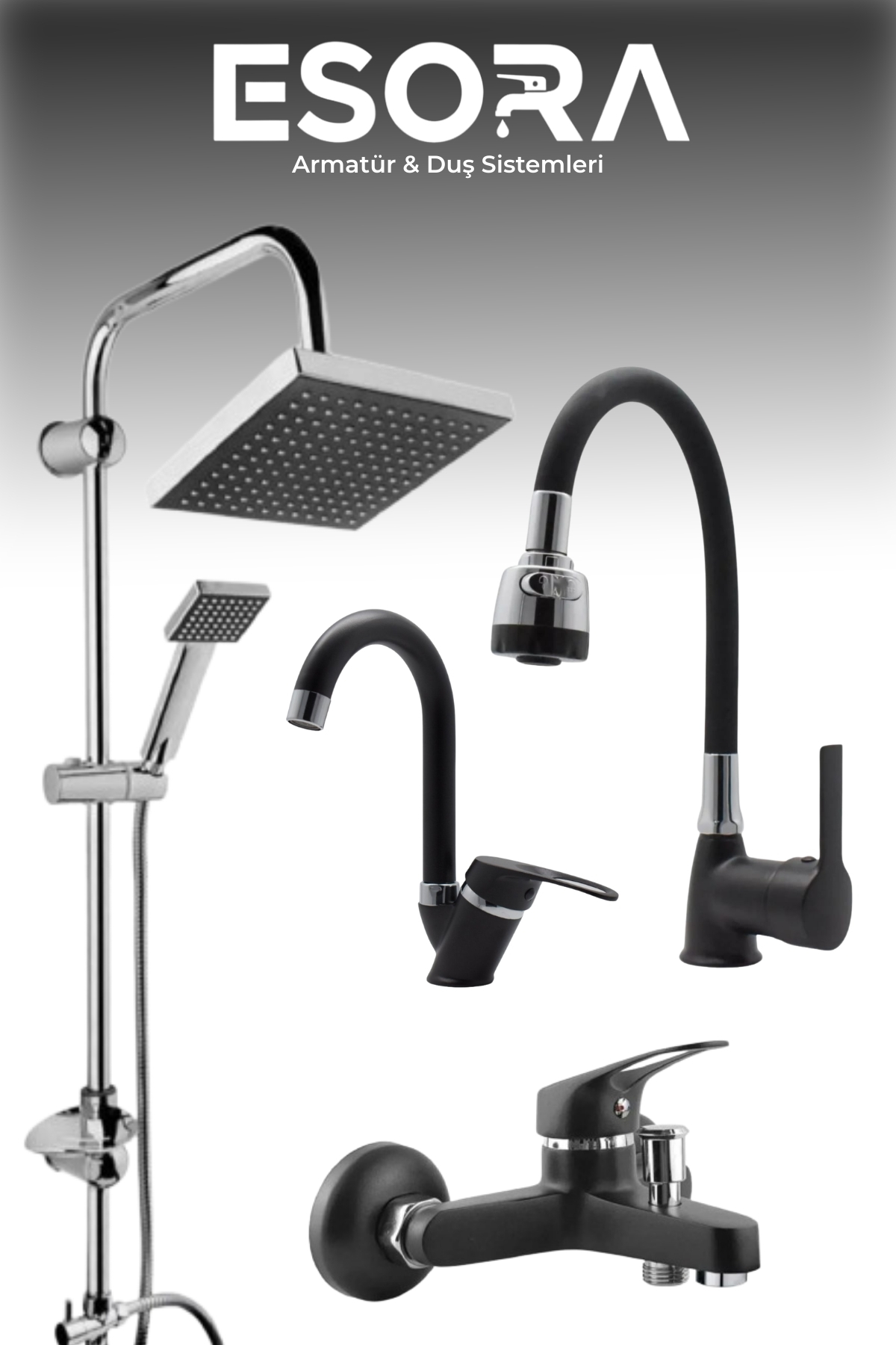 Krom Siyah Robot Duş Seti ve 4’lü Oynar Eviye, Baston Lavabo, Banyo Batarya Takımı