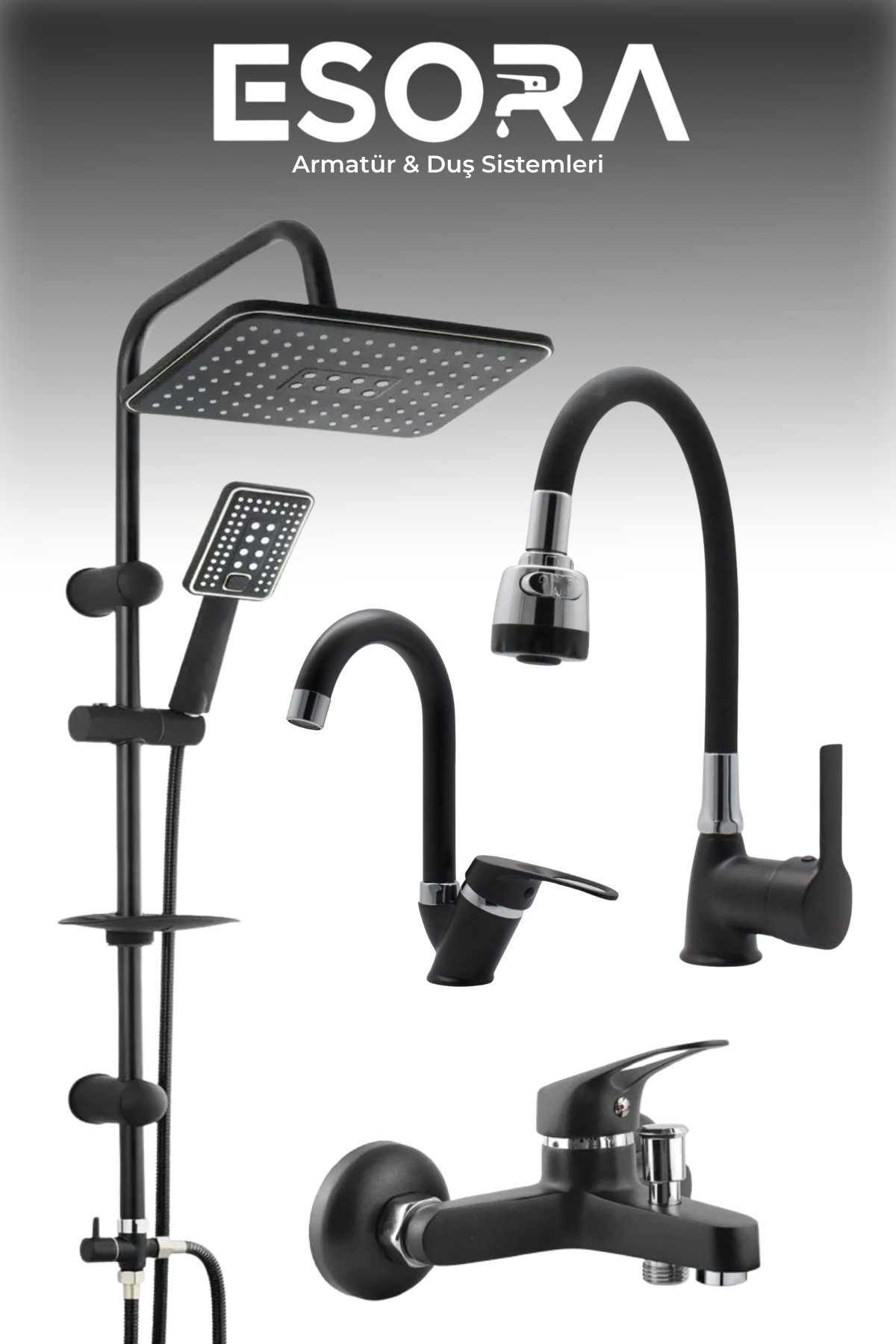 Full Siyah Robot Duş Seti ve 4’lü Oynar Eviye, Baston Lavabo, Banyo Batarya Takımı