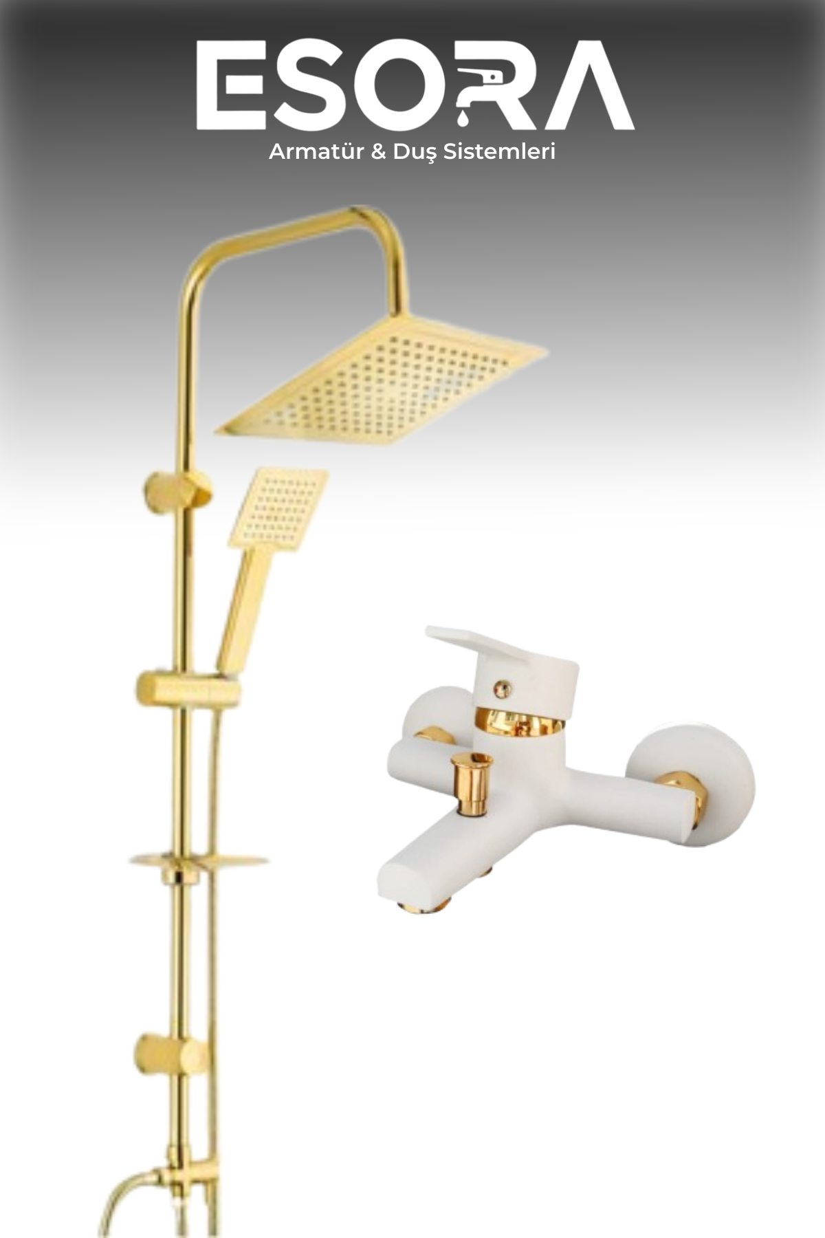 Lüks Gold Kare Robot Duş Seti ve Beyaz - 2'li Gold Altın Banyo Batarya Takımı